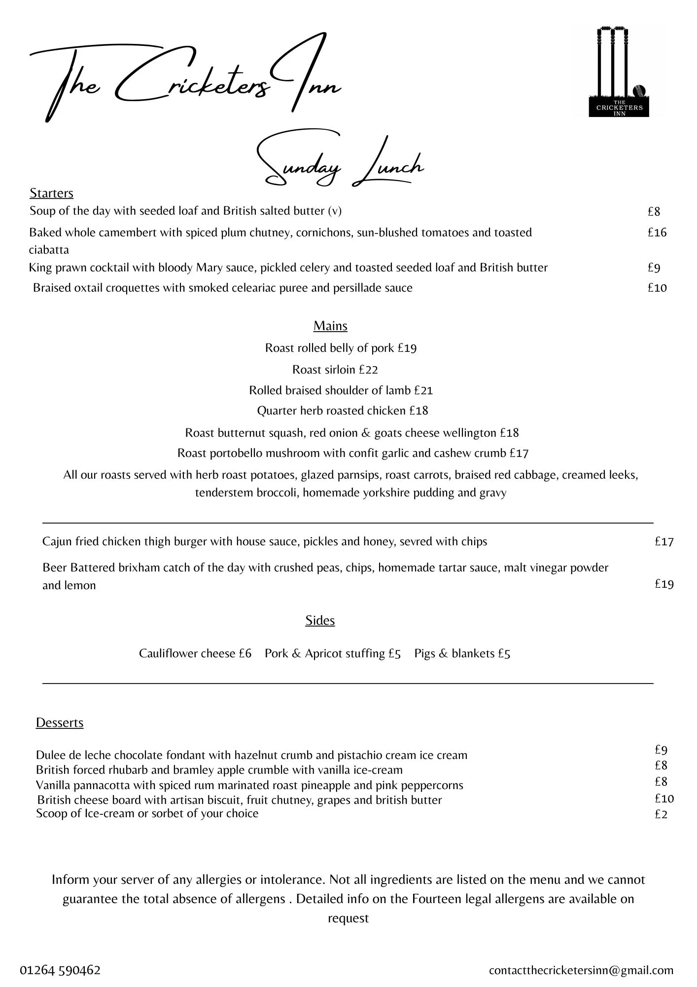 The Cricketers Inn Menu — page 1