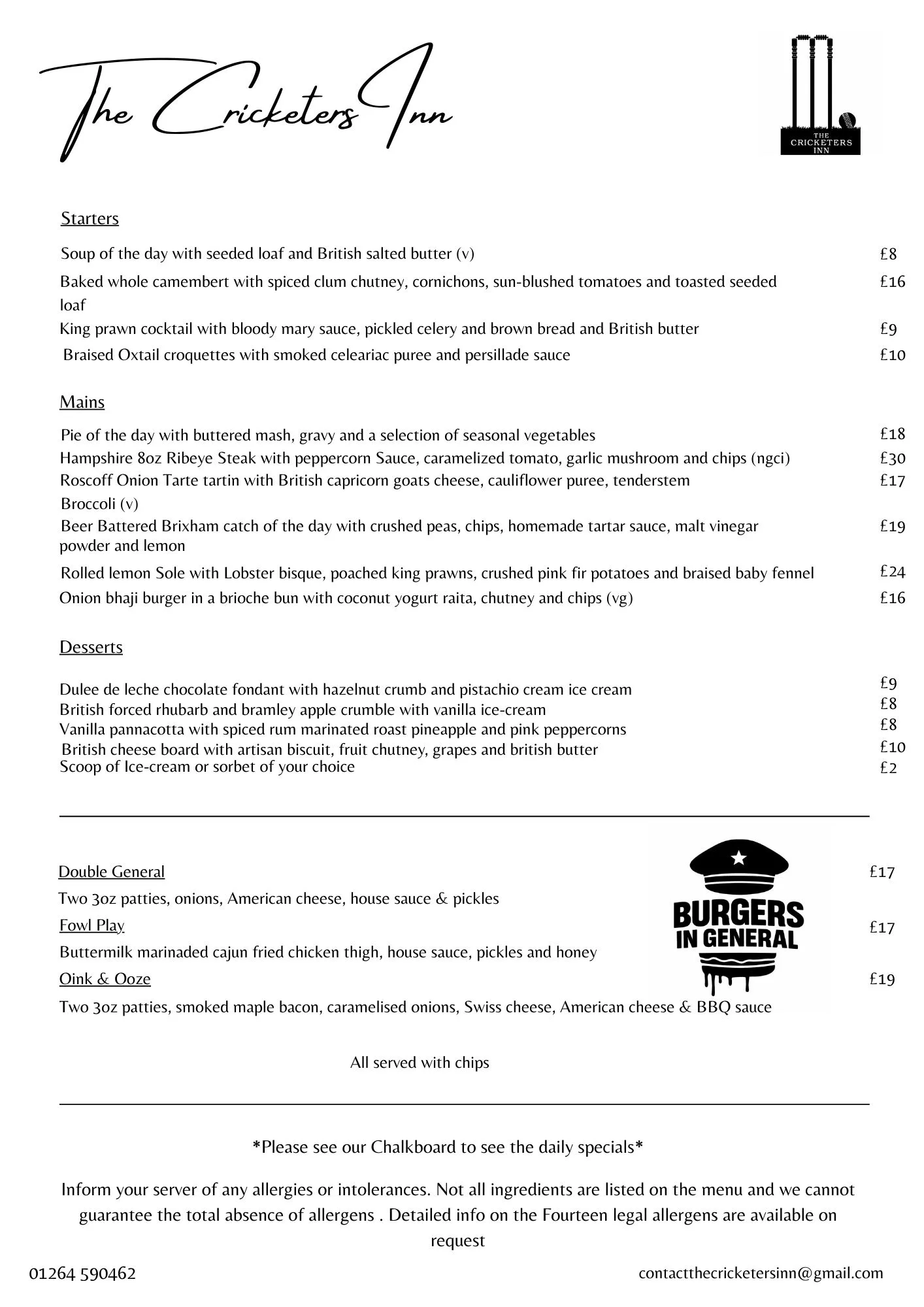 The Cricketers Inn Menu — page 2