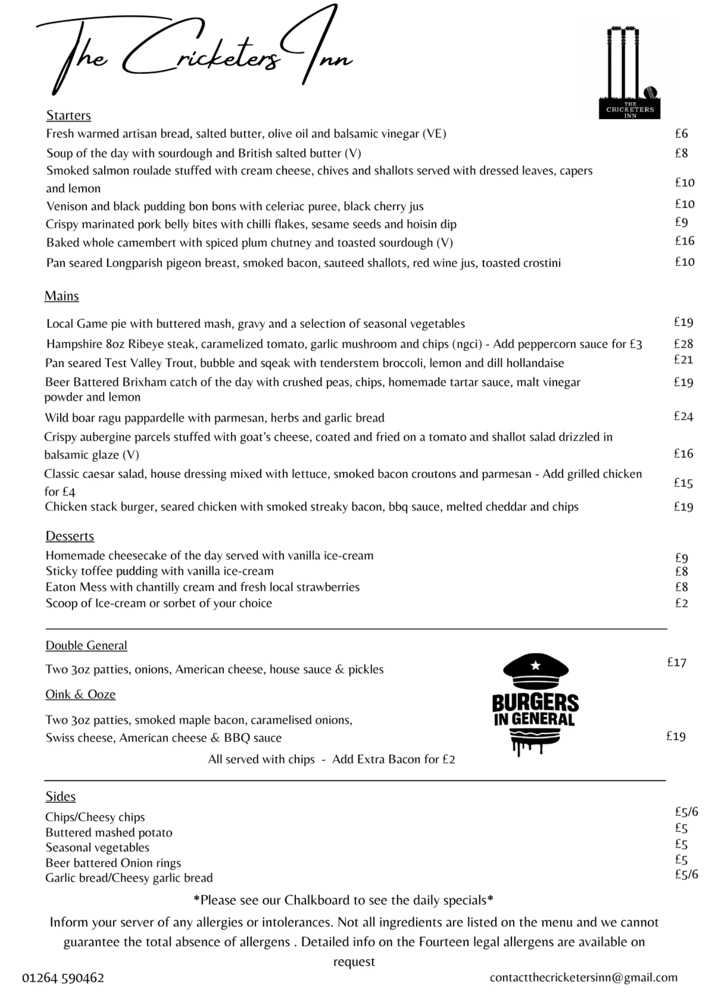 The Cricketers Inn evening menu
